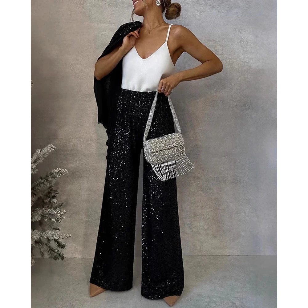 All Over Sequins Long Sleeve Coat Top & Wide Leg Pants Set For Women Korean Style Femme Tow Pieces Set Elegant Wear