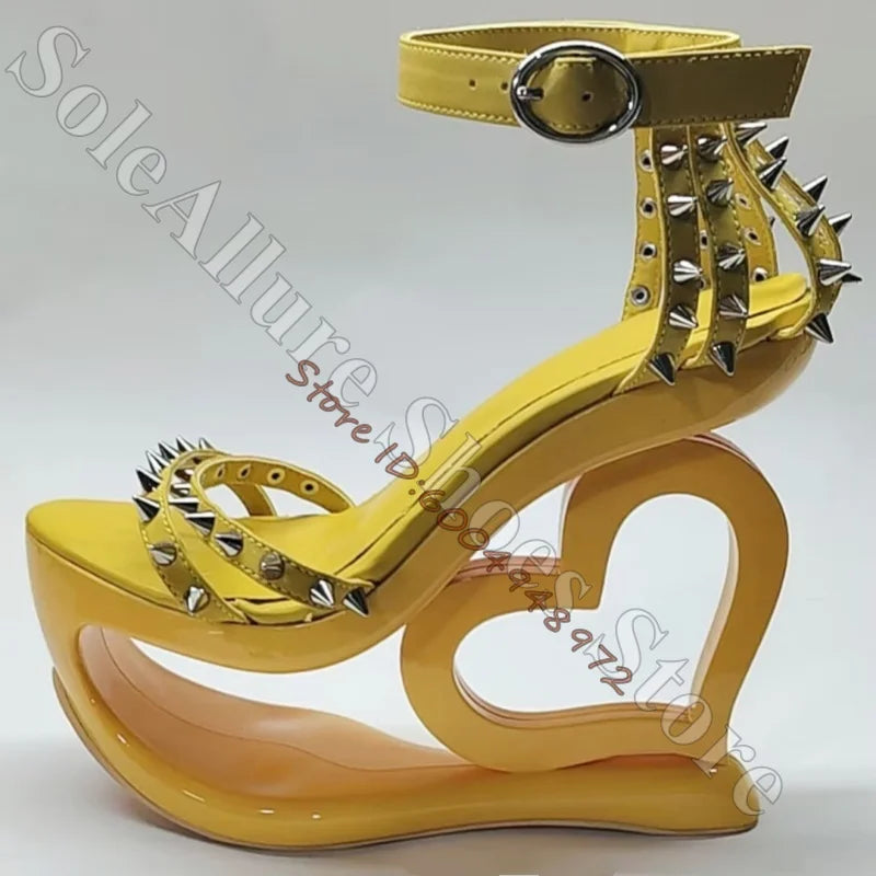 Glossy Patent Leather Spiked Heart Cage Wedge Sandals For Women