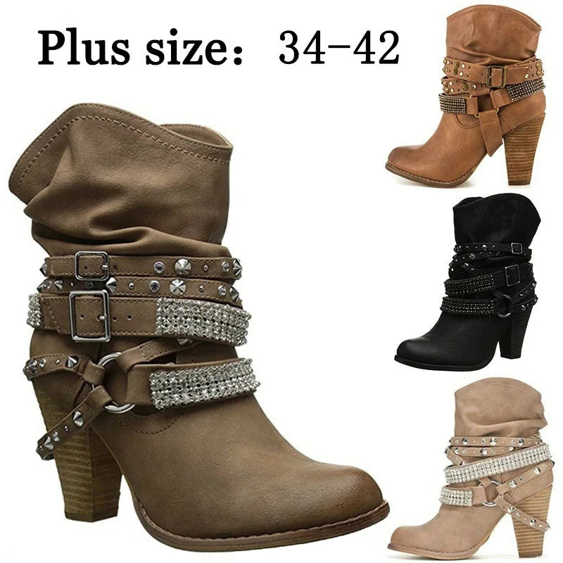 Pleated Mid-Calf Boots With Rivet and Square Heel for Women