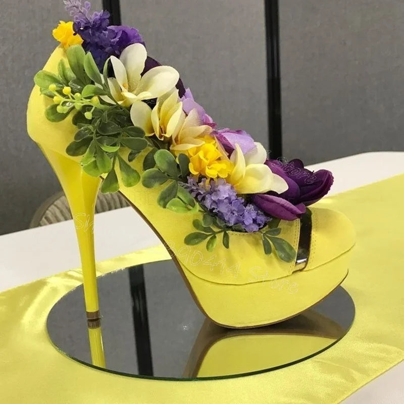 Yellow Foliage Applique High Heel Platform Pumps for Women