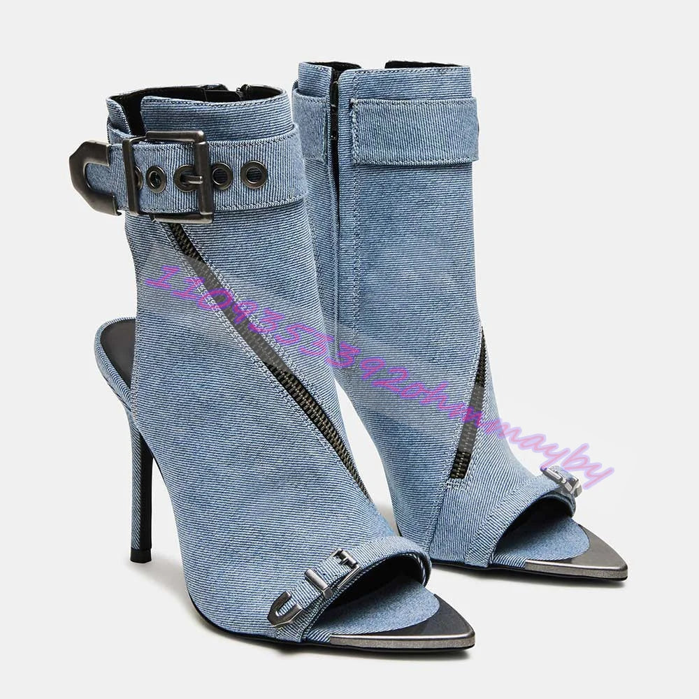 Summer Blue Denim Pointed Toe High Heel Sandals With Buckle for Women