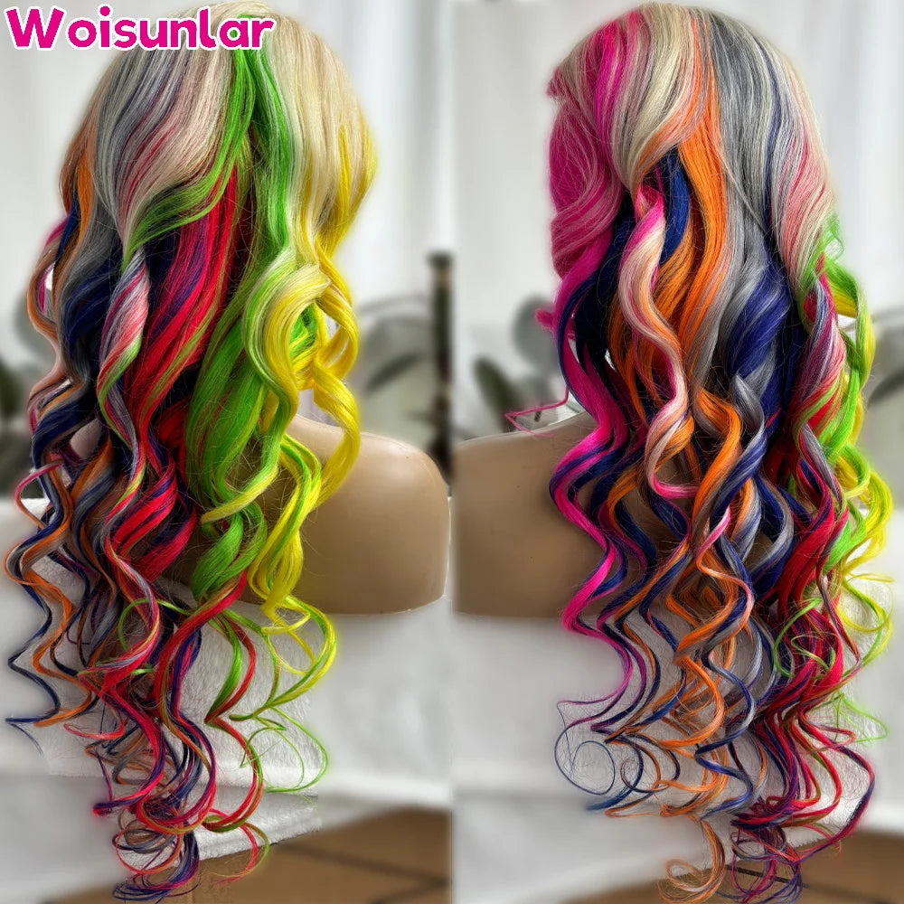 Highlight Colored Green Yellow and Blue Pink Front Wigs Human Hair For Women Body Wave 13x4 Transparent lace Frontal human hair