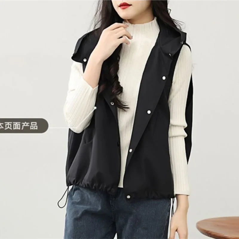 Casual Single Breasted Hooded Sleeveless Vest For Women