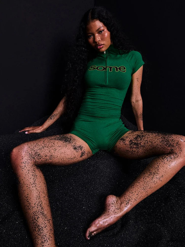 Cutenew Letter Print Sporty Women 2 Piece Set Summer Casual Short Sleeve Zip Up Tees+Solid Slim Shorts Female Daily Tracksuits