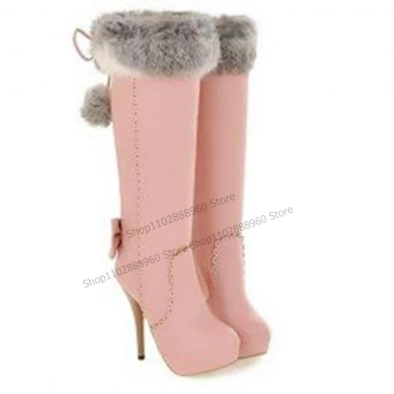 Slip On Brown Pointed Toe Platform Fur Bow Knee High Boots for Women
