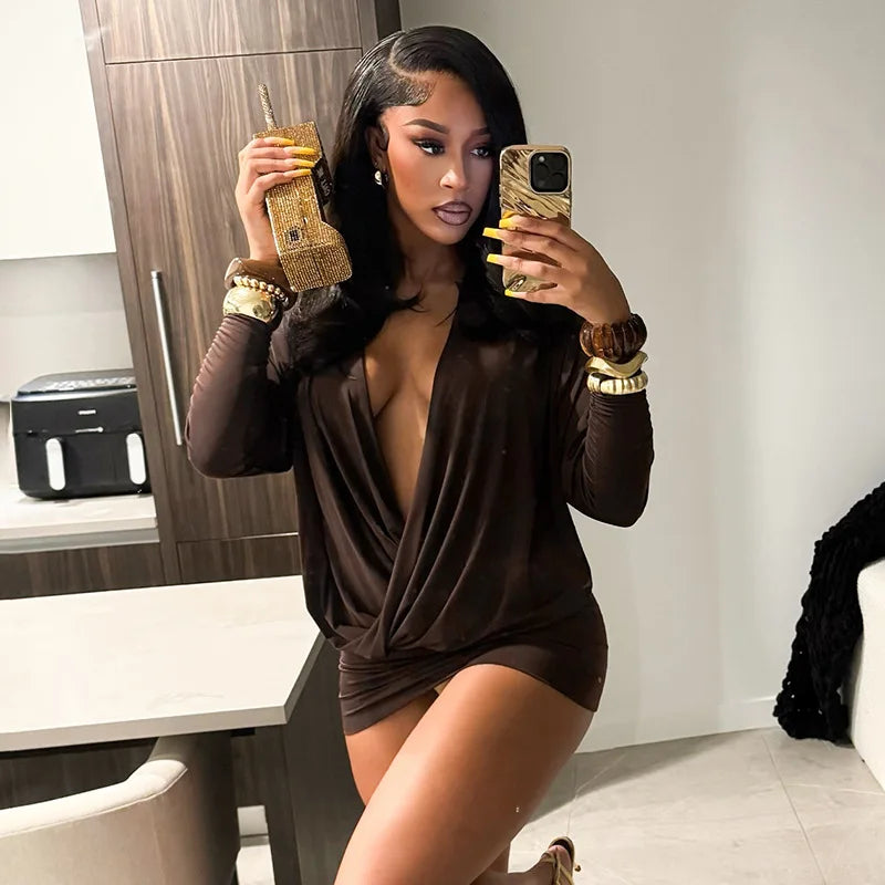 Solid Color Long-Sleeved V-Neck Mini Dress for Women