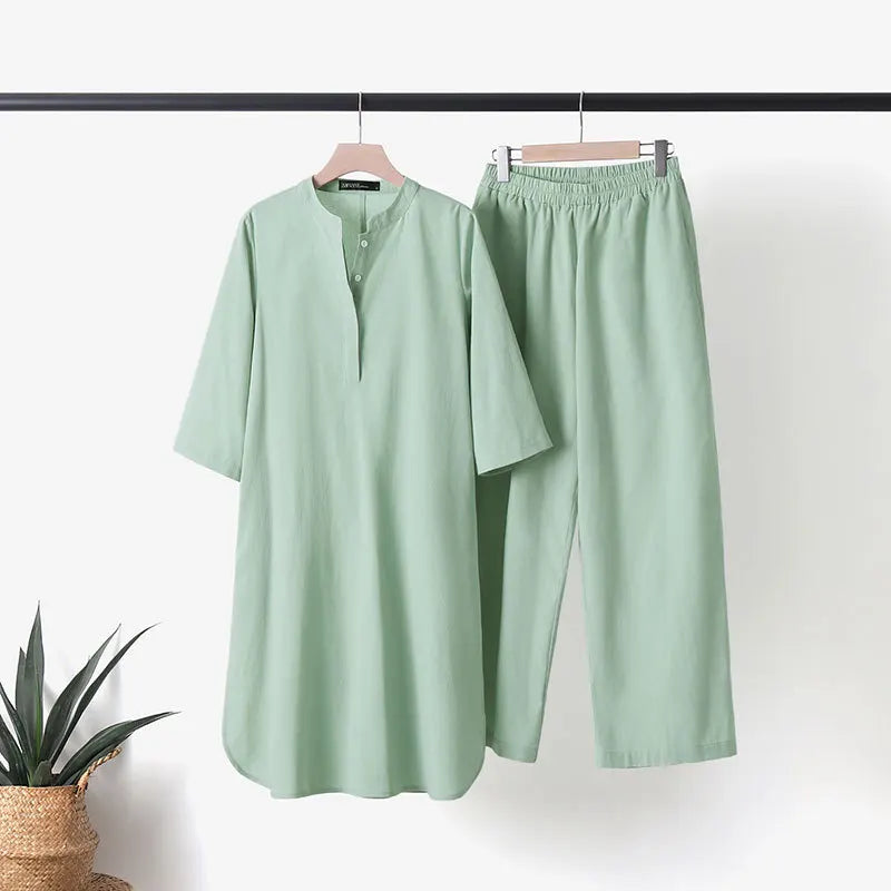 V Neck Shirt and Straight Pants Two Piece Set for Women