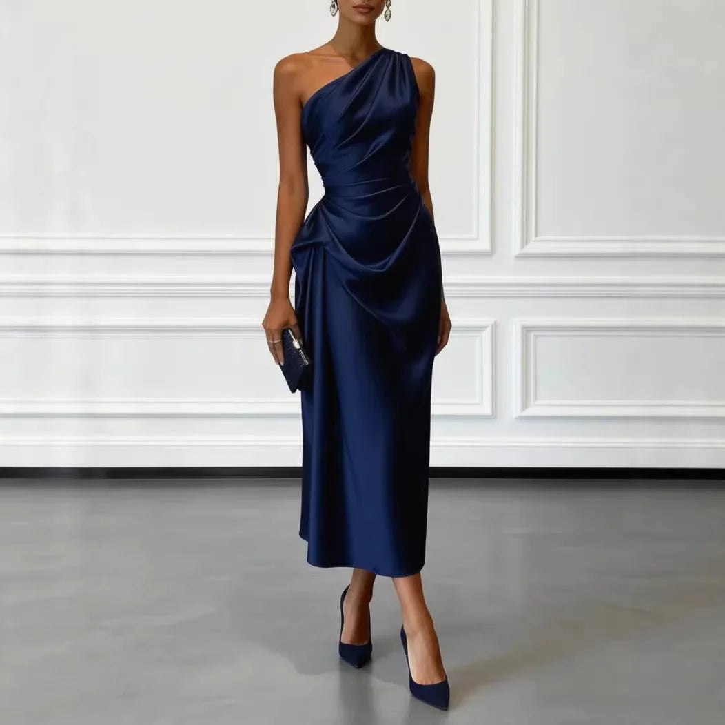 Elegant Satin Sleeveless Evening Party Midi Dress for Women