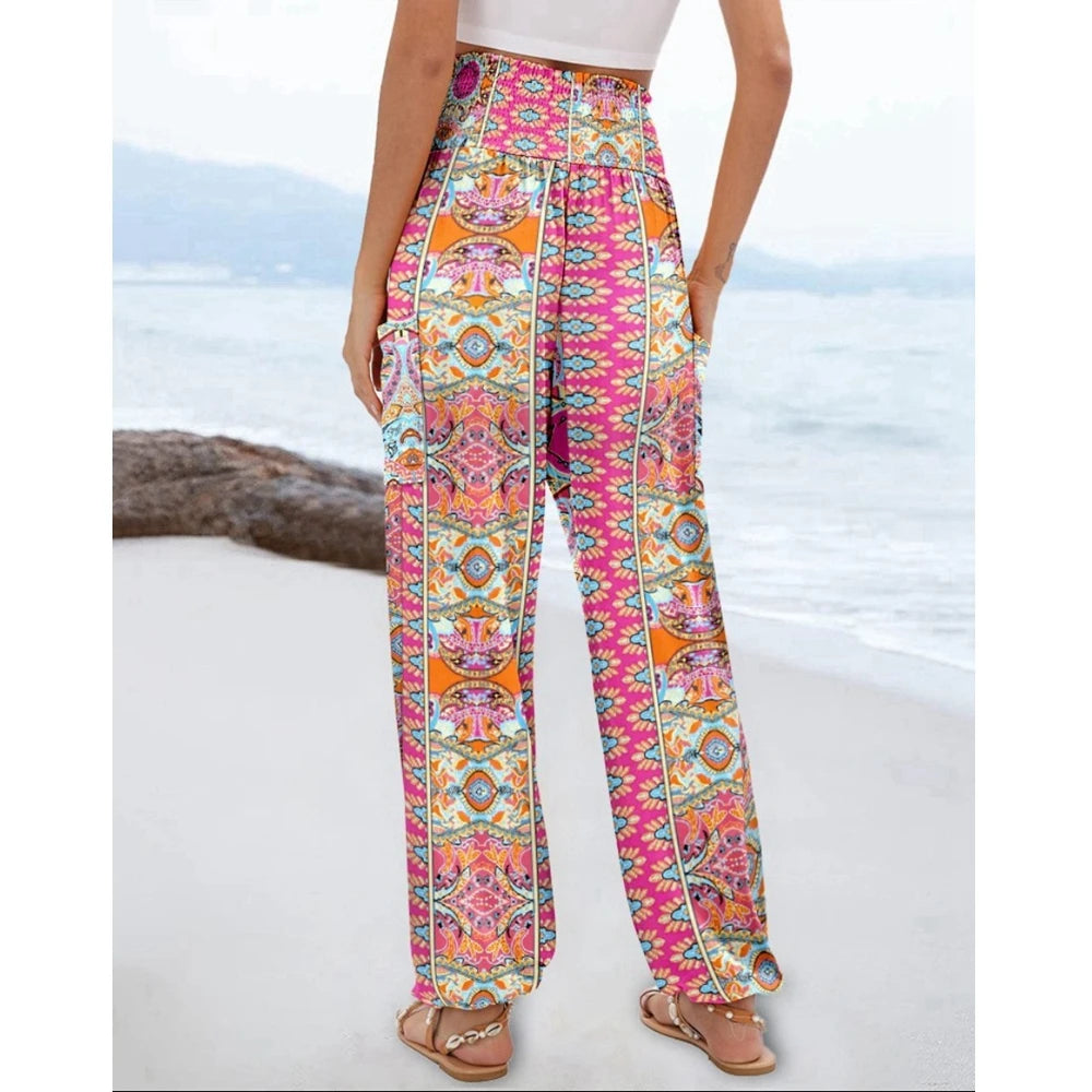 Women's High Waist Floral Print Pocket Cuffed Pants – Casual Sporty Streetwear Trousers with Shirring Elastic Waist