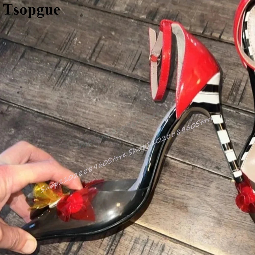 Mixed Color PVC Flower Decor Sandals Thin High Heel Women Shoes Ankle Buckle Strap Pointed Toe 2025 Fashion Zapatos Para Mujere