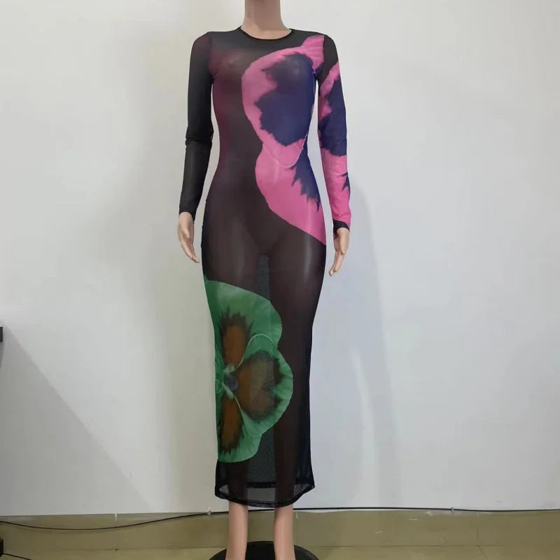 Long Sleeve Mesh Maxi Dress with Stripe Print for Women