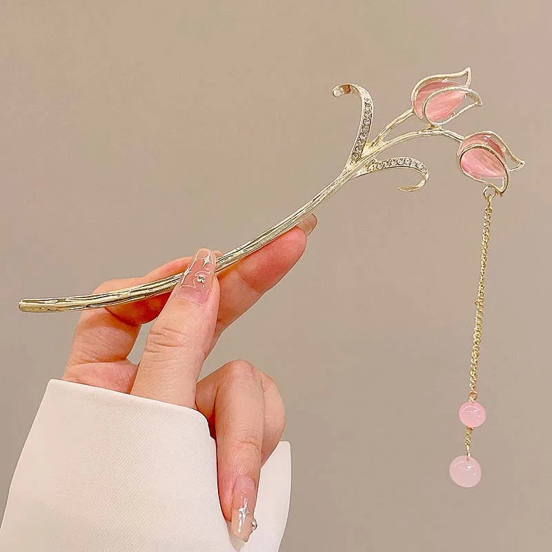 Floral Crystal Tassel Hair Sticks