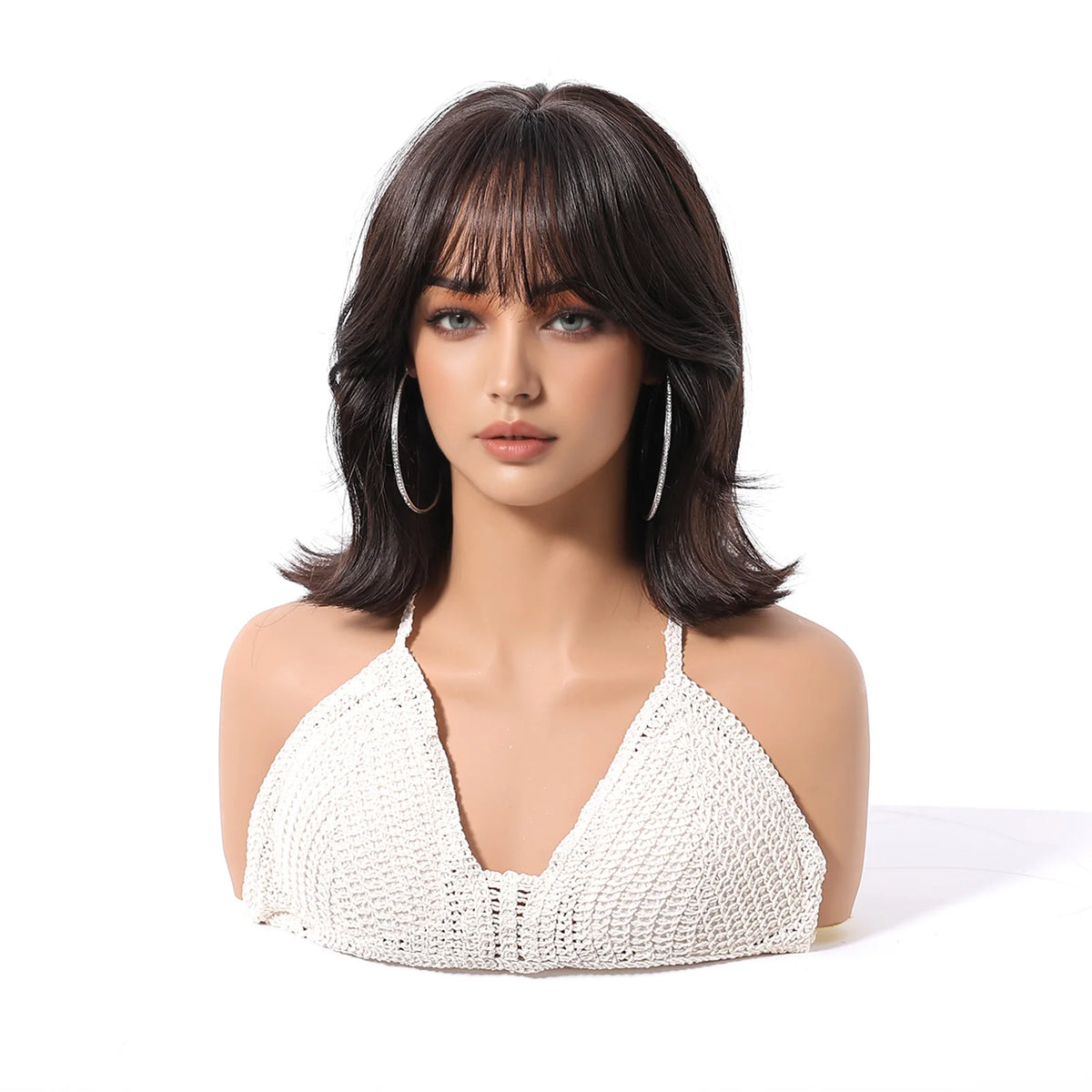 Heat Resistant Shoulder Length Straight Bob Wig With Bangs For Women