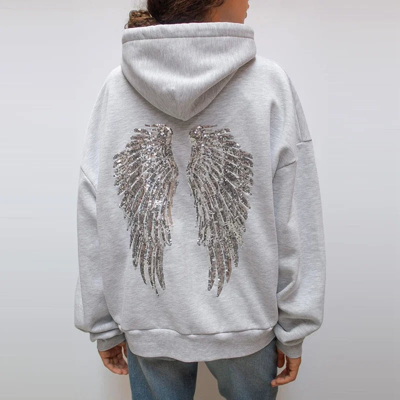 Sequin Wing Design Hooded Sweatshirt Pants Set For Women