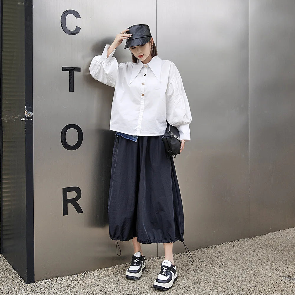 Casual Ankle-Length Spliced Denim with Contrast Color Skirt for Women