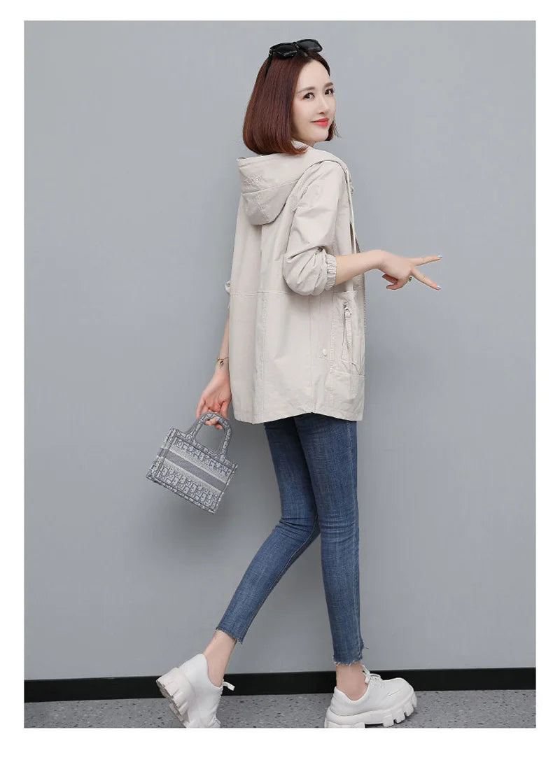 Lining Hooded Coat Female Spring And Autumn Temperament Short Jacket Casual Short Trench Coat Female Hooded Outwear Khaki