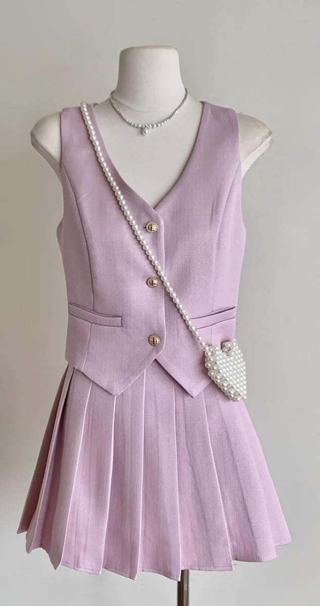 Elegant High Waist Pleated Skirt And Vest Set For Women