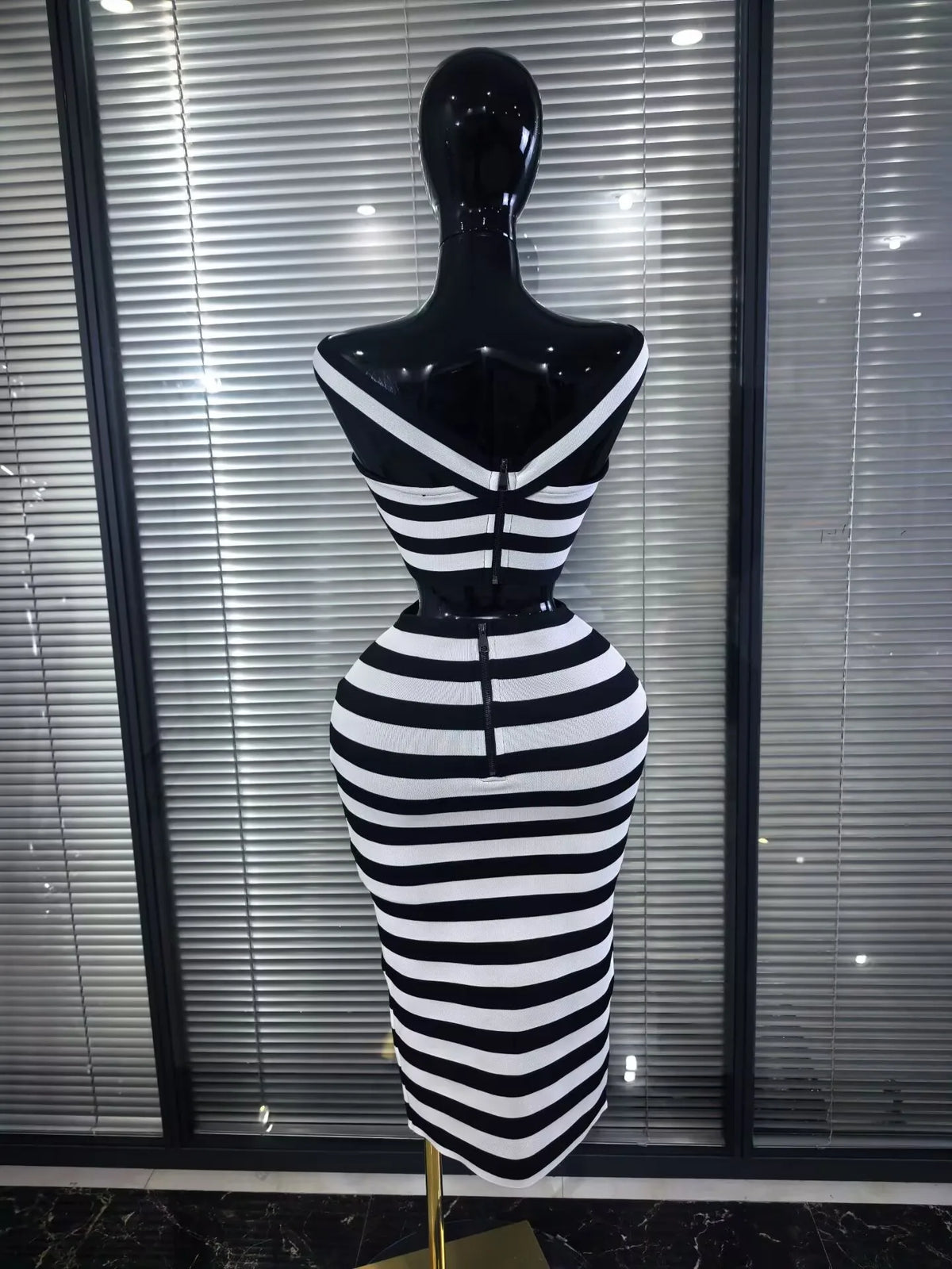High Quality Women Sexy Slash Neck Striped 2 Pieces Bodycon Midi Bandage Dress Nightclub Party Celebrate Evening Clothing