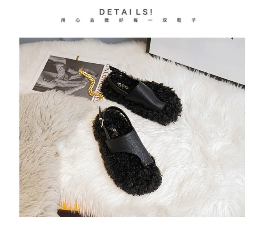 Cozy Plush Buckle Strap Flat Toe Slippers for Women