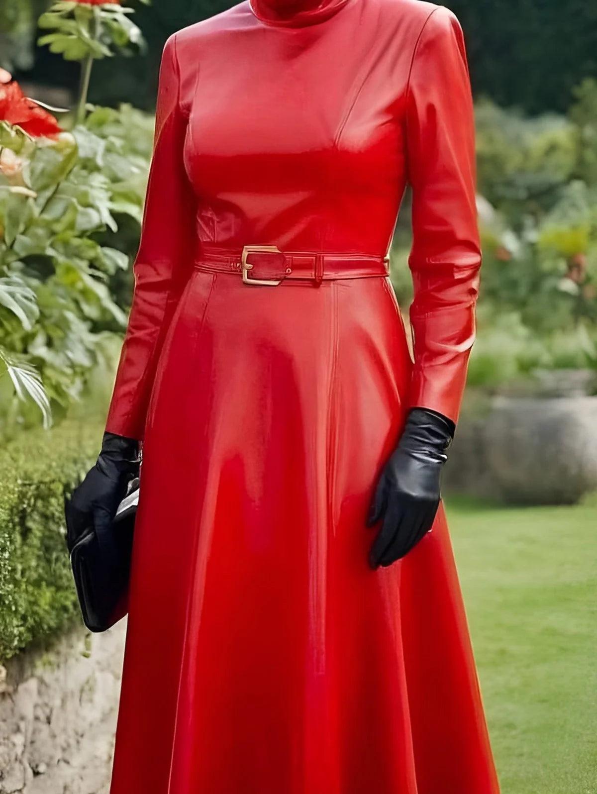 Red Mock Neck Leather Look Maxi Dress