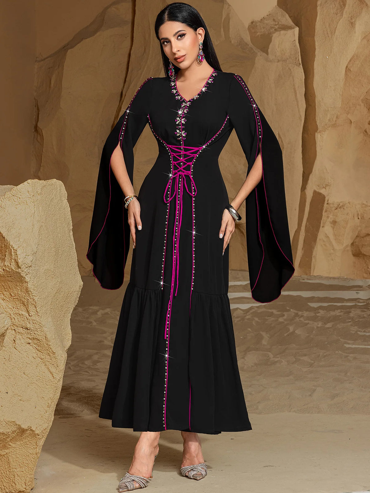 Diamond Embellished Moroccan Kaftan Maxi Dress for Women