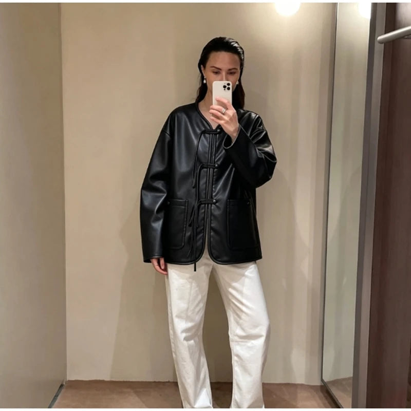 Autumn Winter Pu Leather Moto Jacket With Long Sleeve for Women