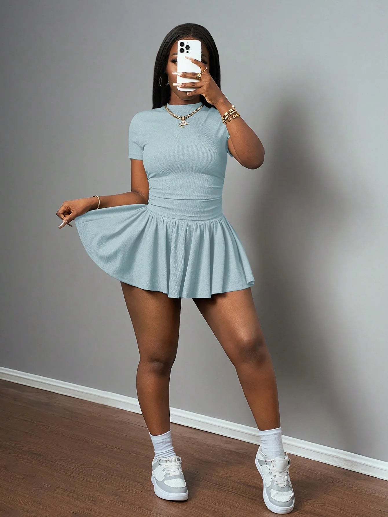 Casual Ribbed Two Piece Set with Crop Top and Pleated Skirt for Women