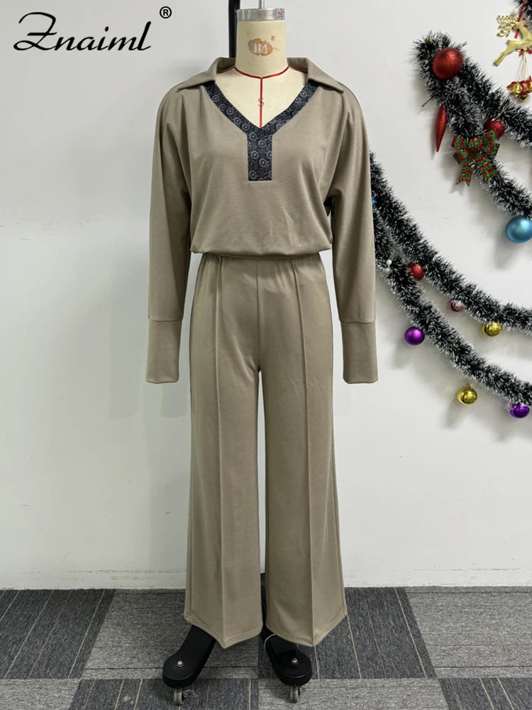 Znaiml Casual Office Lady 2 Piece Sets Women Summer Long Sleeve V Neck Polo Shirt Tops and Wide Leg Pants Streetwear Outfit 2025