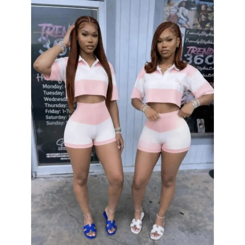 Pink Color Block V Neck Crop Top and Shorts Set for Women