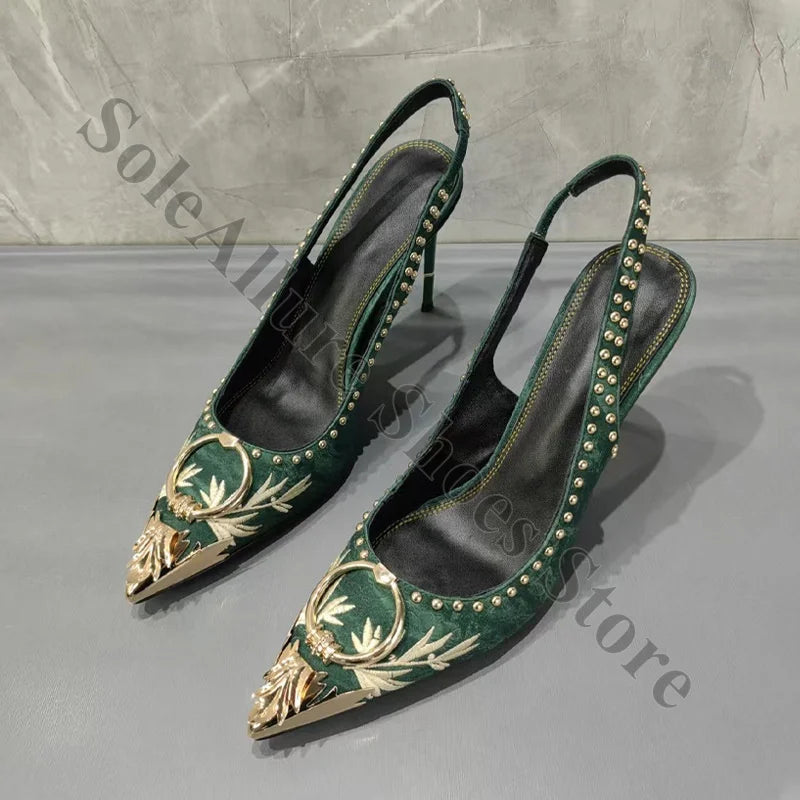 Ornate Gold Studded Emerald Jacquard Slingback Heels For Women