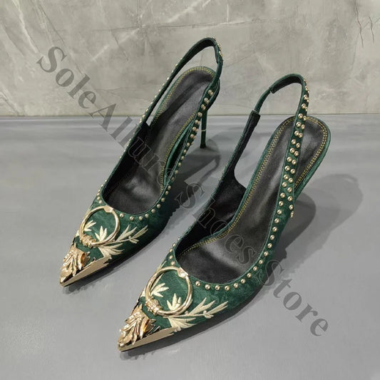 Emerald Jacquard Slingback Heels