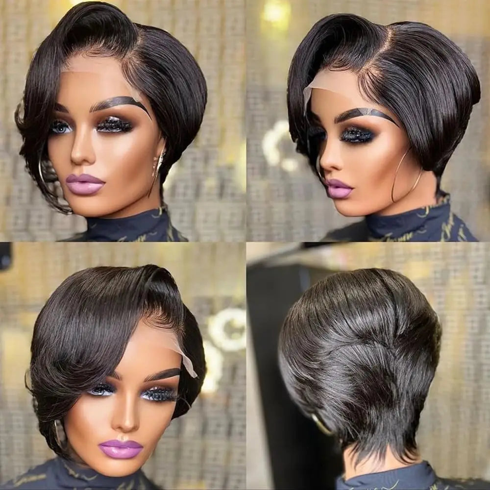 Layered Straight Pixie Cut Human Hair Lace Front Wig for Women