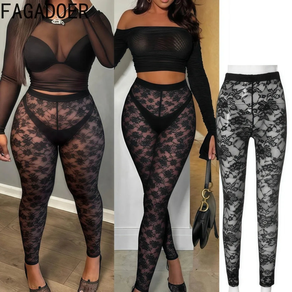 FAGADOER Sexy Mesh Leggings Pants Women Black See Through Hollow Out Skinny Lace Pants Female Party Club Streetwear 2025 New
