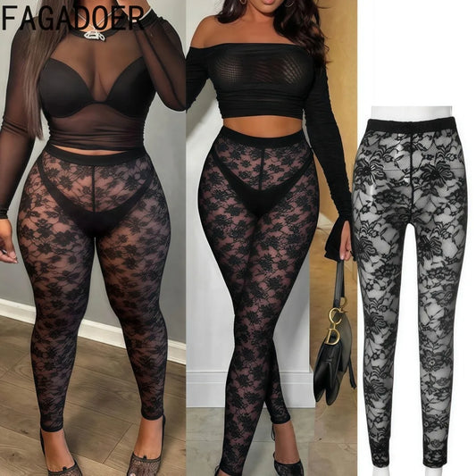 FAGADOER Sexy Mesh Leggings Pants Women Black See Through Hollow Out Skinny Lace Pants Female Party Club Streetwear 2025 New
