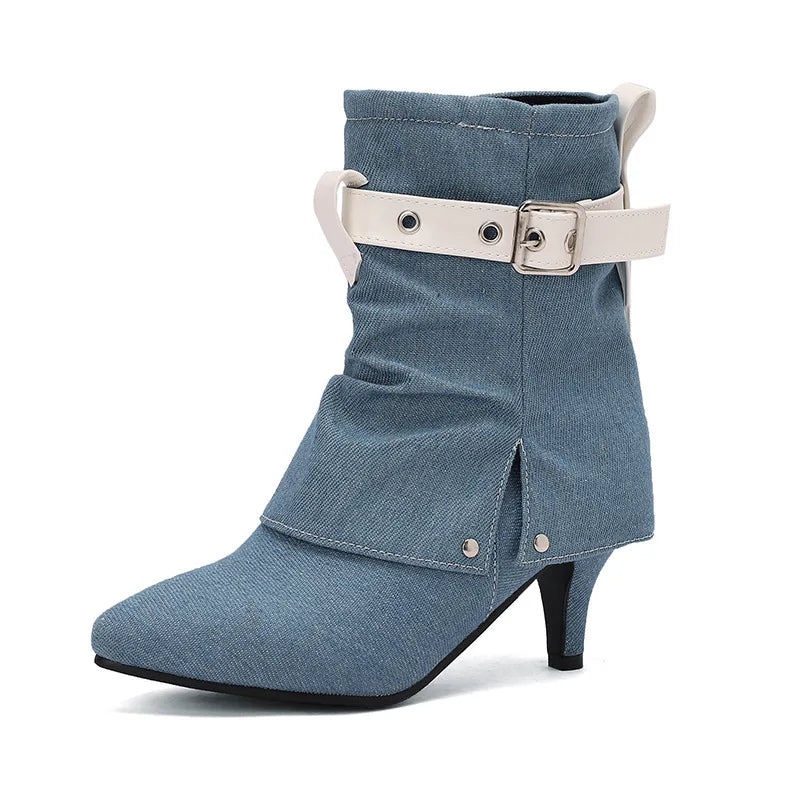 Western Style Denim Autumn Pointy Toe Ankle Boots With Belt Buckle for Women