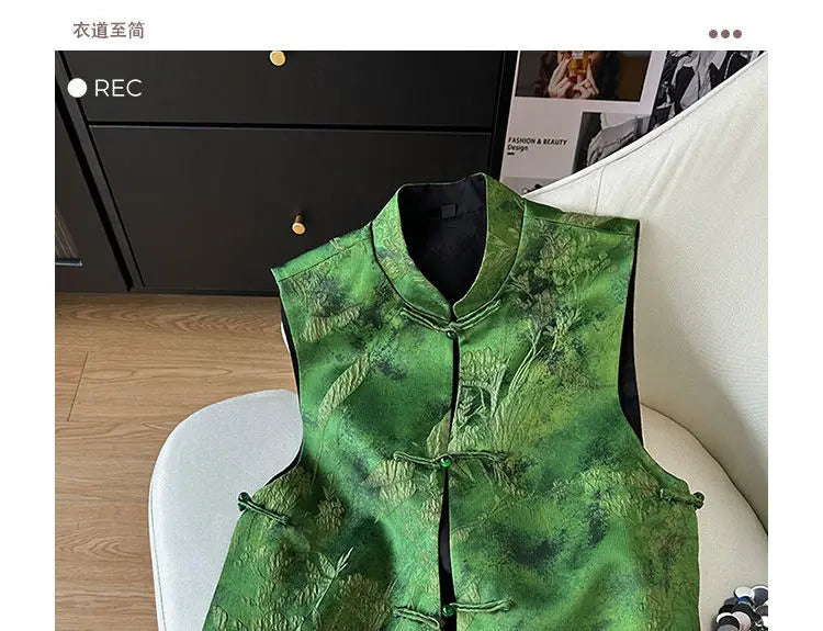 Green Chinese Style Embroidered Vest With Buckle for Women
