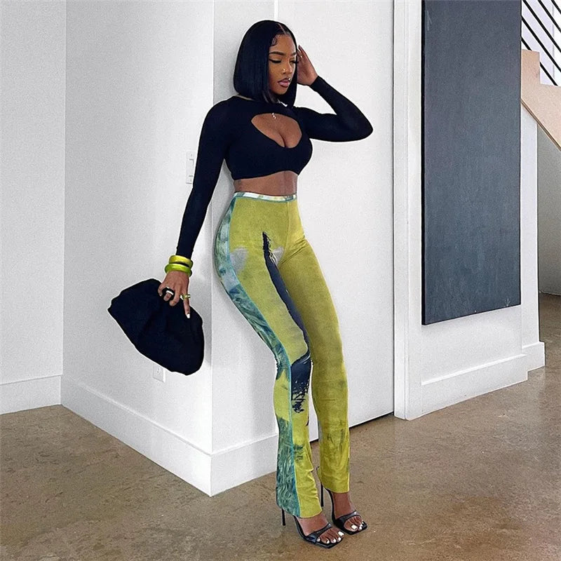 FAGADOER Y2k Sexy Tie Dye Printting Woman 2 Piece Set Outfit Halter Bandage Patchwork Crop Top and Flare Pants Female Streetwear