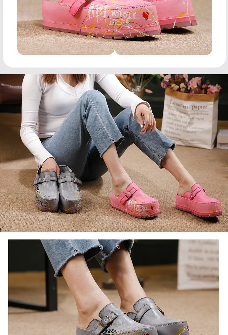 Hand Drawn Leather Platform Slippers with Round Toe for Women