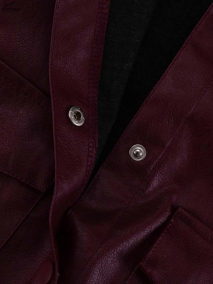 Oymimi Fashion Wine Red Pu Leather Women's Two Pieces Set Elegant Long Sleeve Button Shirts And Spaghetti Strap Mini Dress Sets