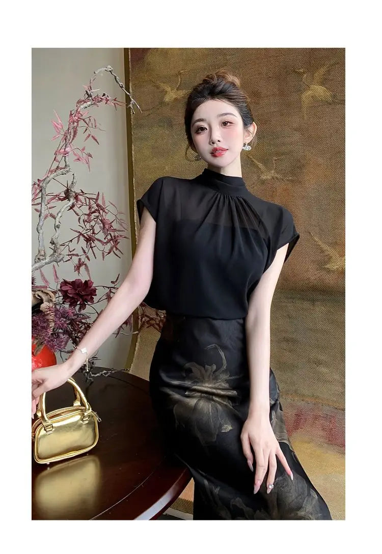 Chiffon Stand Collar Black Three Piece Set for Women
