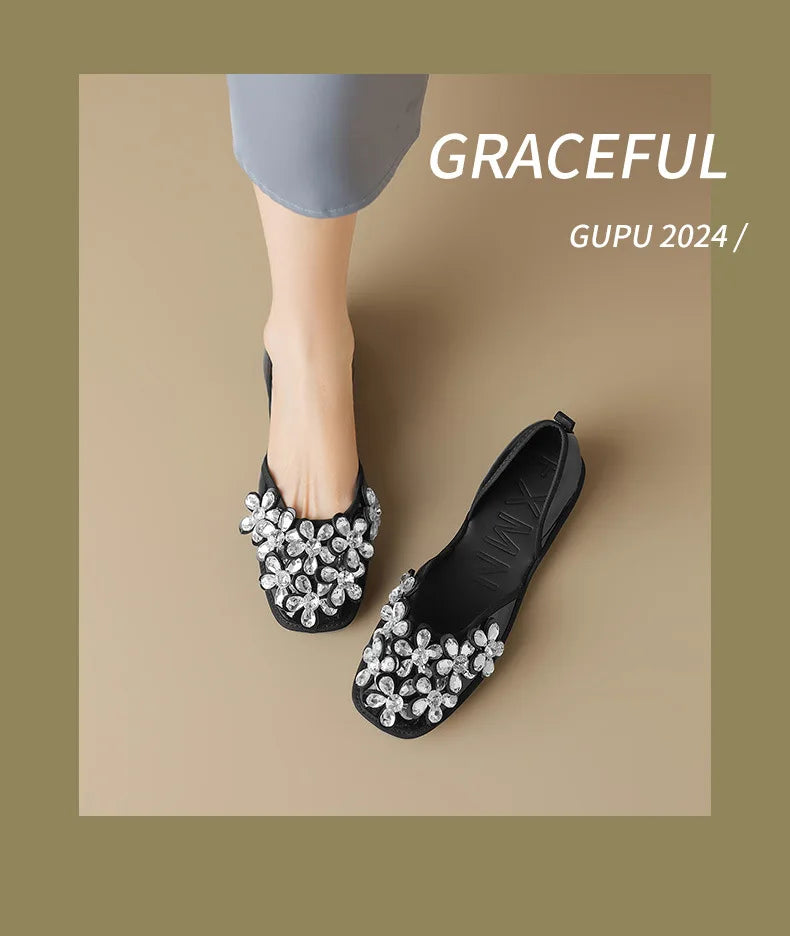 Luxurious Rhinestone Square Toe Slip On Mules for Women