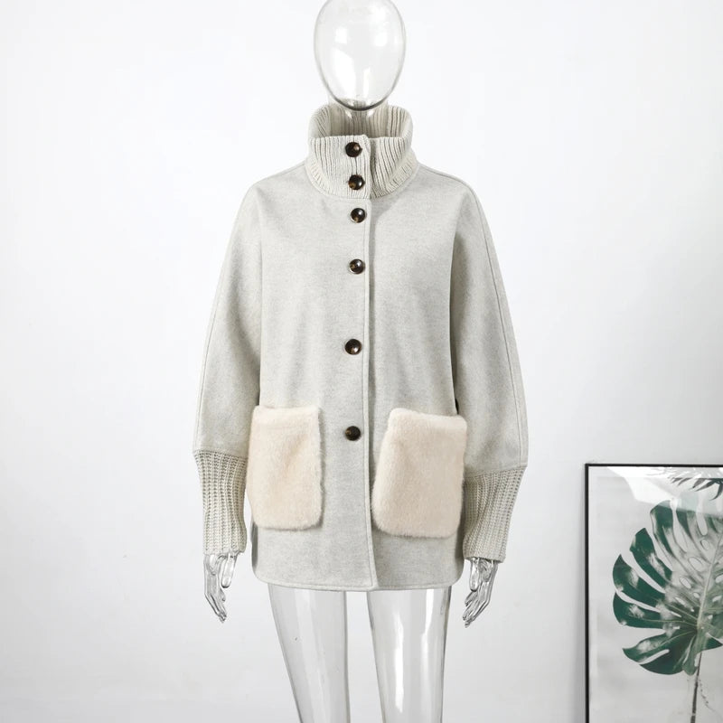 Loose Knit Fur Standup Collar Long Sleeve Pocket Cardigan for Women