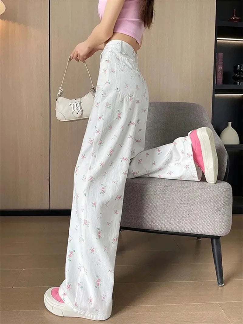 High Rise Wide Leg Printed Denim Pants For Women