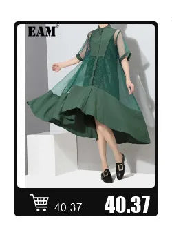 [EAM] Women Blue Pleated Hem Long Big Size Blouse New Stand Collar Long Sleeve Shirt Fashion Tide Spring Autumn 2025 1DH5707