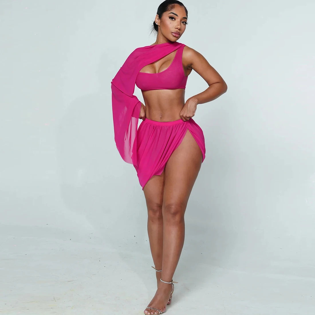 Sheer Long Sleeve Crop Top and Ruched Split Skirt Set for Women