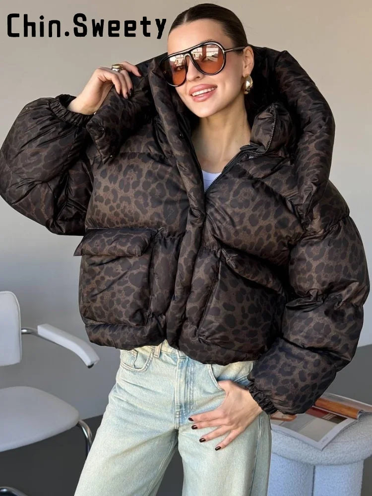 Casual Leopard Print Hooded Puffer Jacket For Women