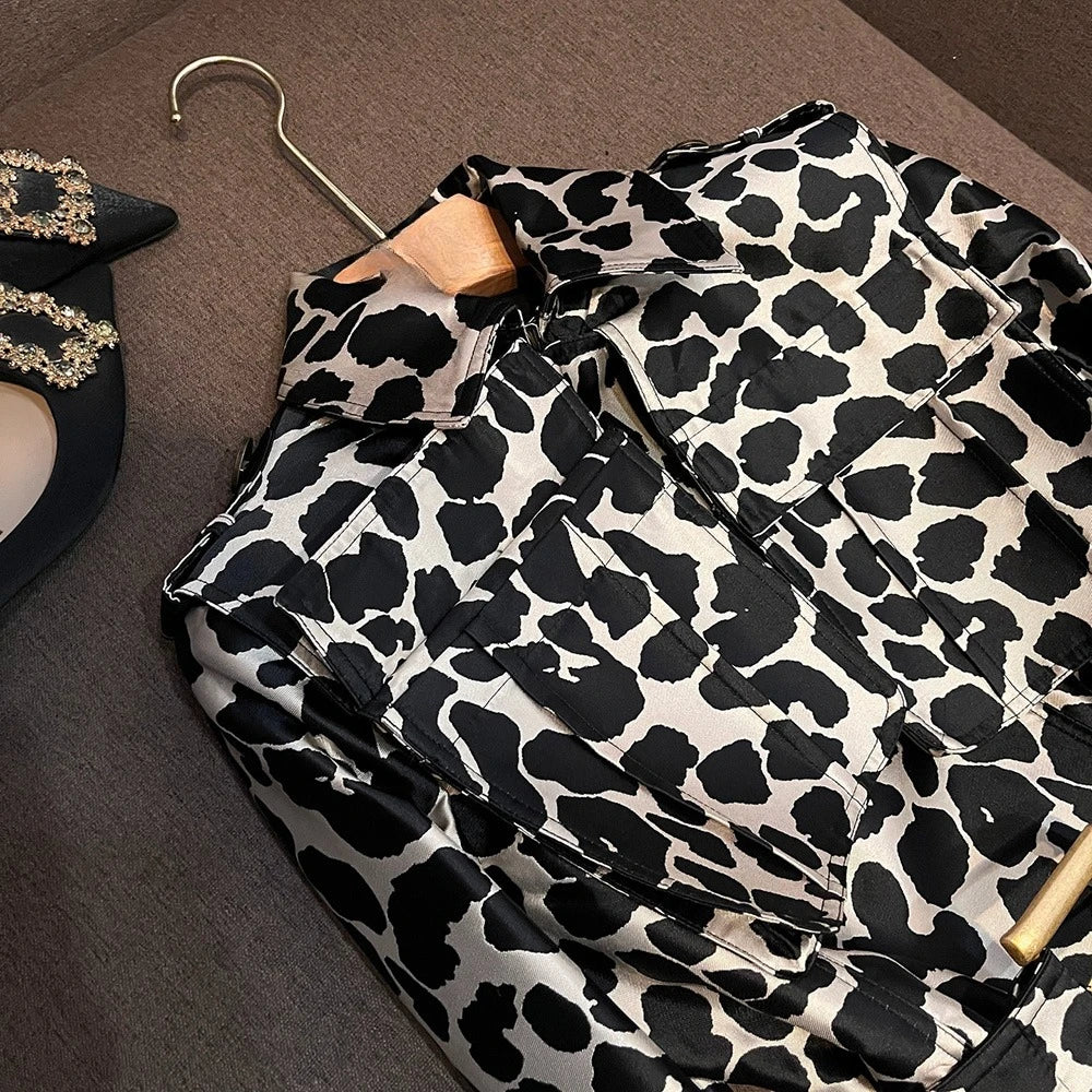 TWOTWINSTYLE British Style Leopard Print Coat For Women Lapel Long Sleeve Spliced Belt Temperament Trench Coats Female KJA545065