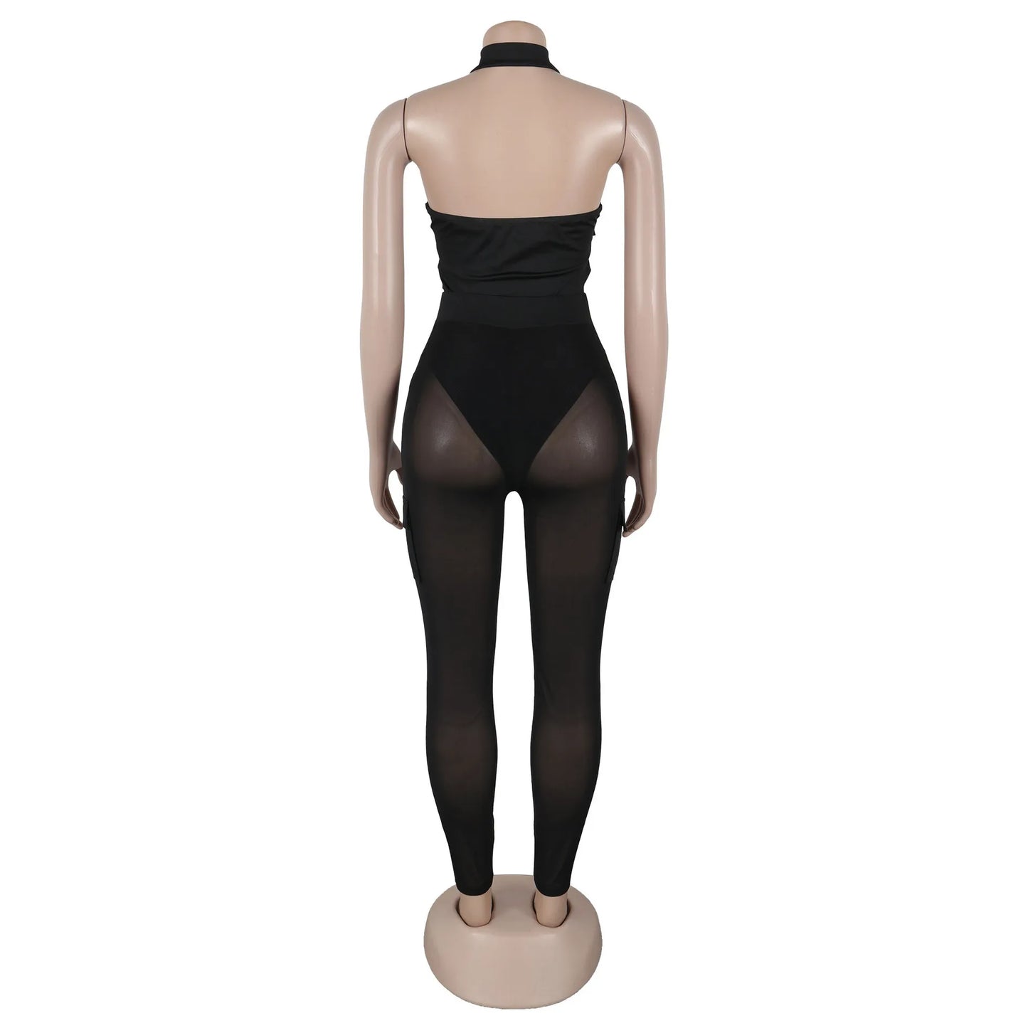 Solid Halter Neck Backless Sleeveless Zip Up Jumpsuit for Women