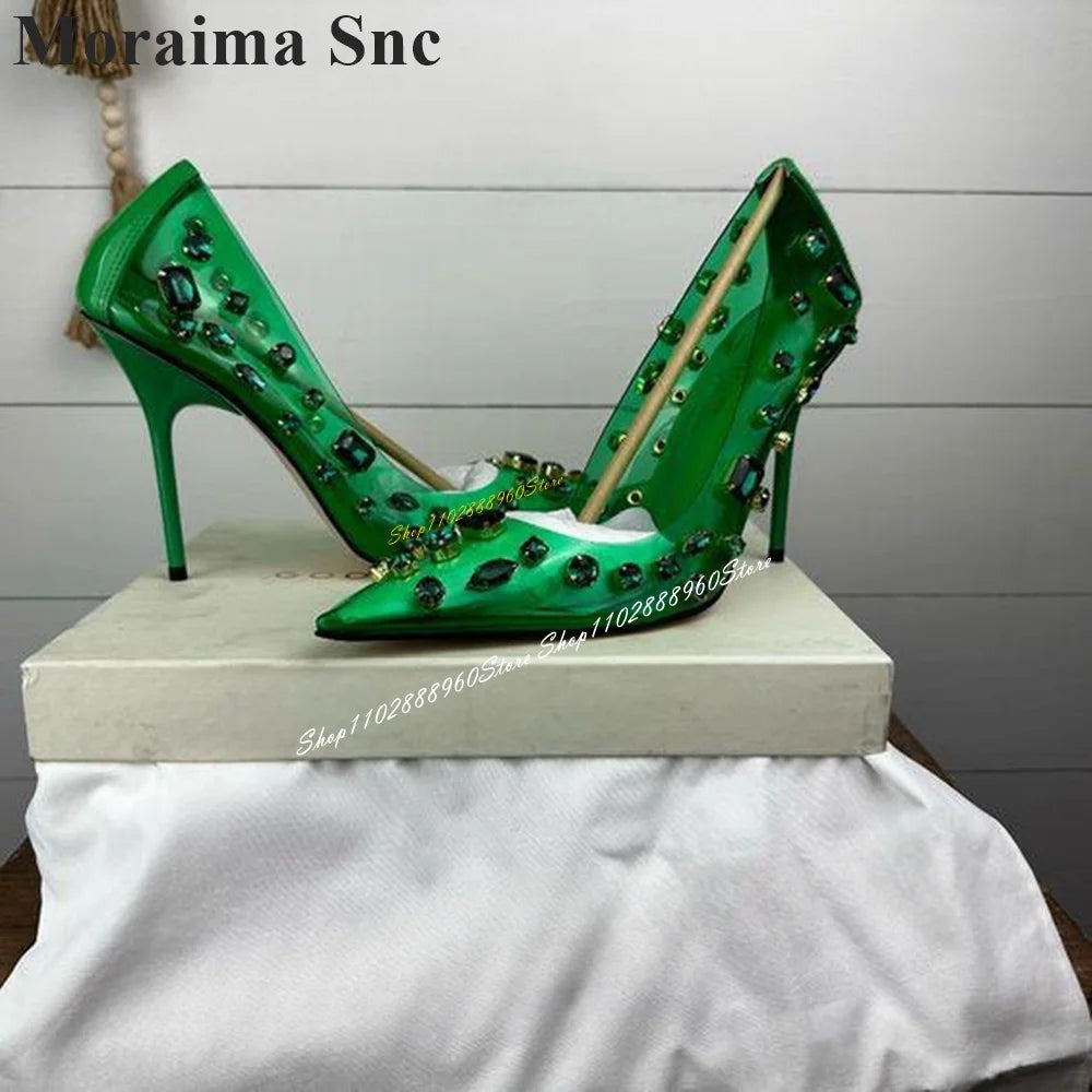 Luxurious Green Crystal Pointed Toe Pumps For Women