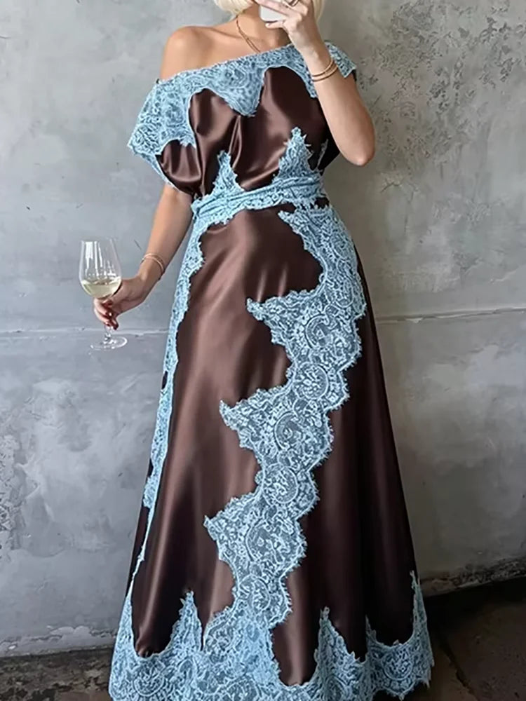 Lace Patchwork Short Sleeve Slash Neck Maxi Dress for Women